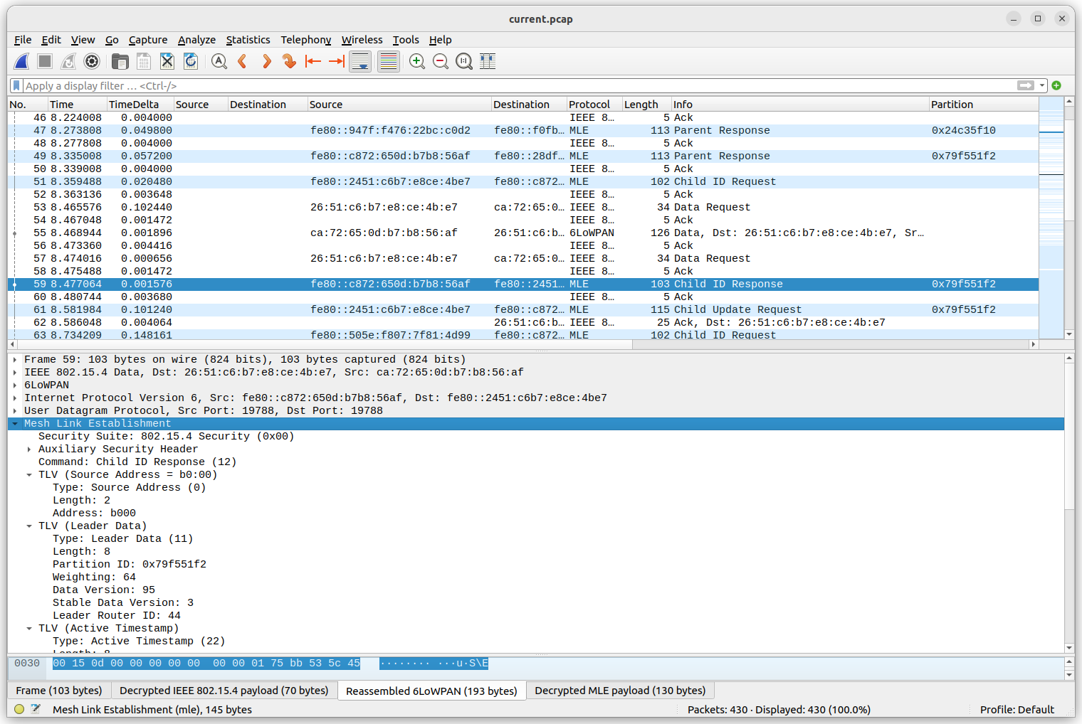 Wireshark 中 OpenThread 封包分析的螢幕截圖